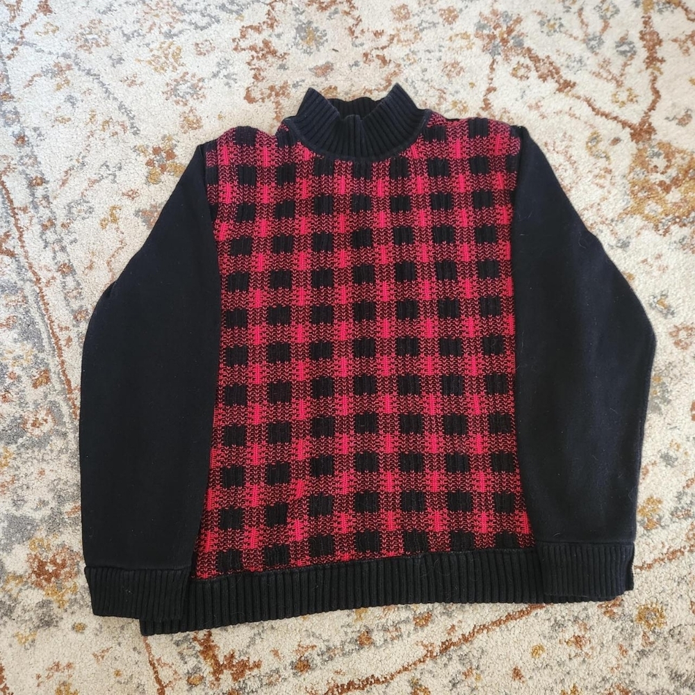 VINTAGE women's long-sleeve sweater red and black houndstooth checkered pattern